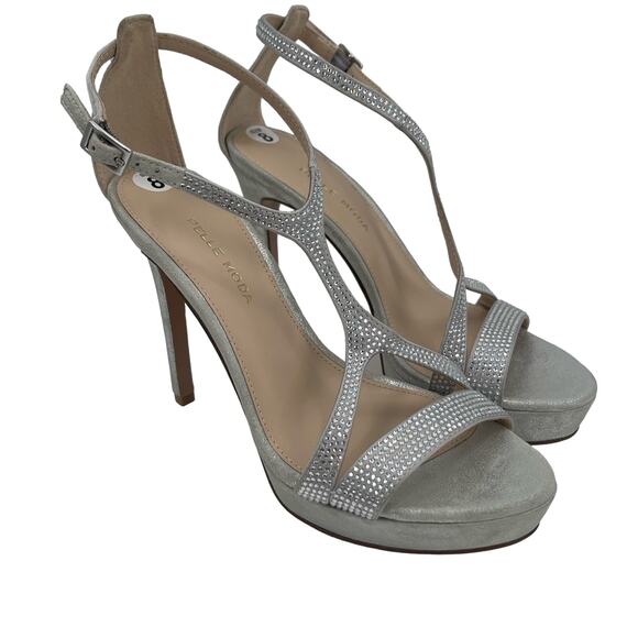 PELLE MODA Heels Size 8 Onora Platform Silver Rhinestone Crystals Strappy Ankle - Picture 1 of 15